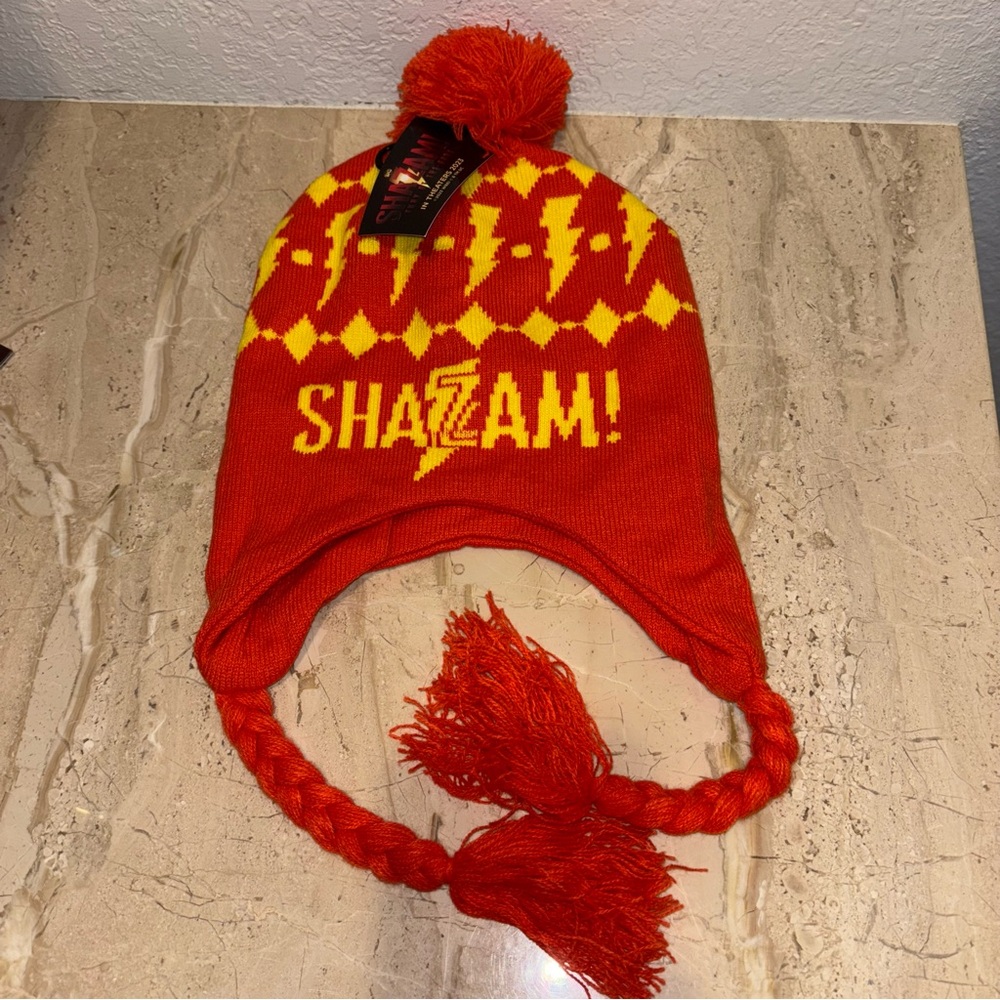 DC Comics Shazam Lightning Bolt Orange Pom Braid Earflap Winter Ski Hat Beanie